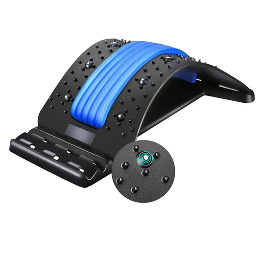 The My Store JAYS HOME Back Stretcher Back Cracker features acupressure nodes, an adjustable arched design, a central pressure point, and magnets for targeted back pain relief, lumbar traction, and posture correction.