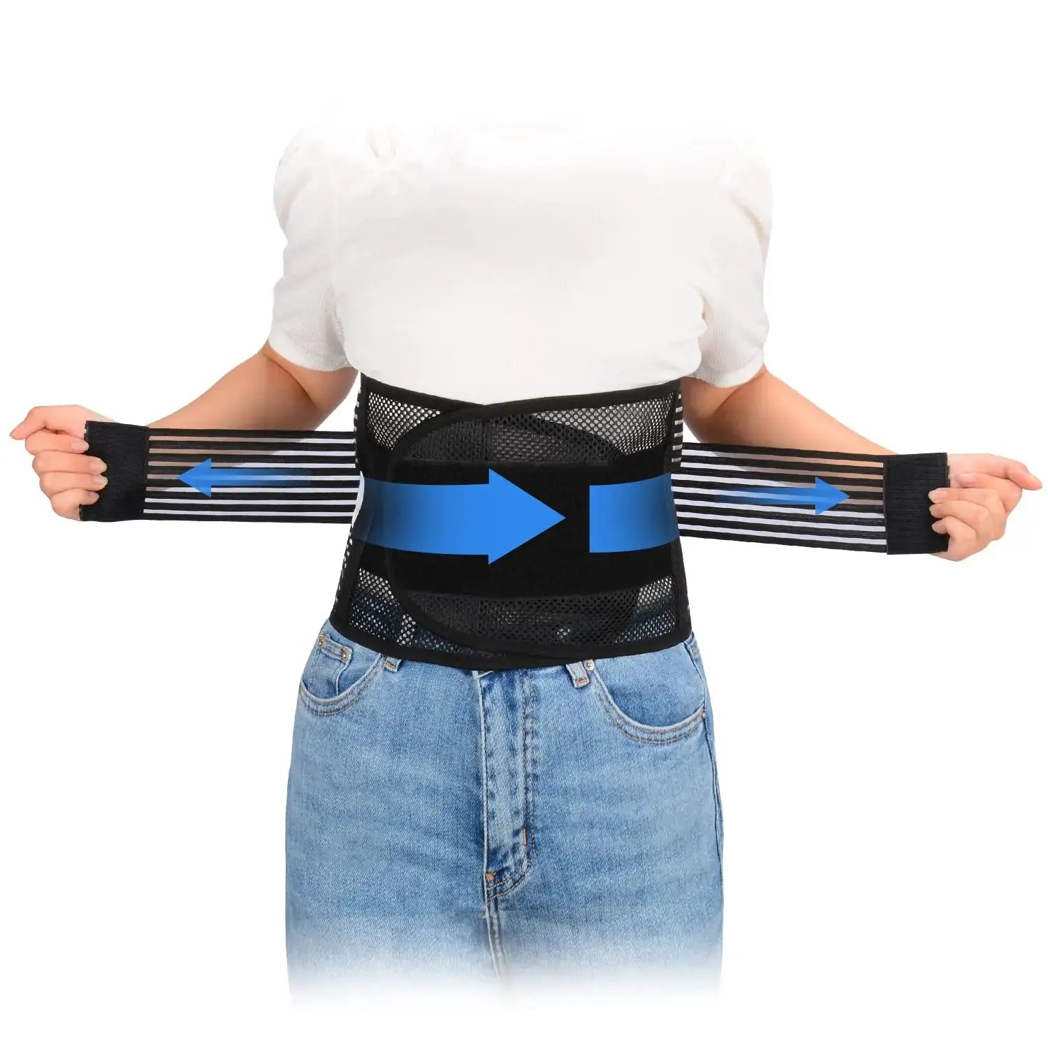 A person fastens the My Store Supregear Lower Back Brace (Black L), showing its adjustable, breathable design for strong lumbar support and relief from back pain, herniated disc, sciatica, and scoliosis.